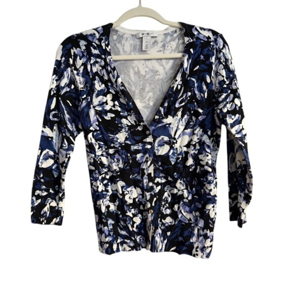 WHBM Floral Print Cardigan Navy Blue White Black 3/4‎ Sleeve V-Neck Women's MED